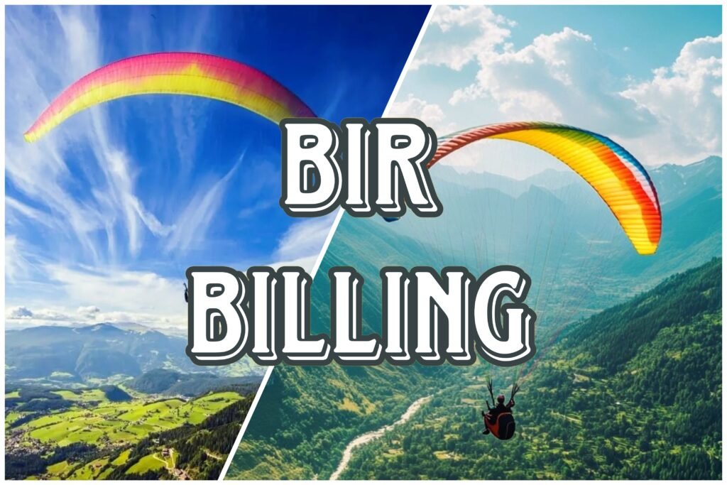 Paraglider flying over green hills of Bir Billing