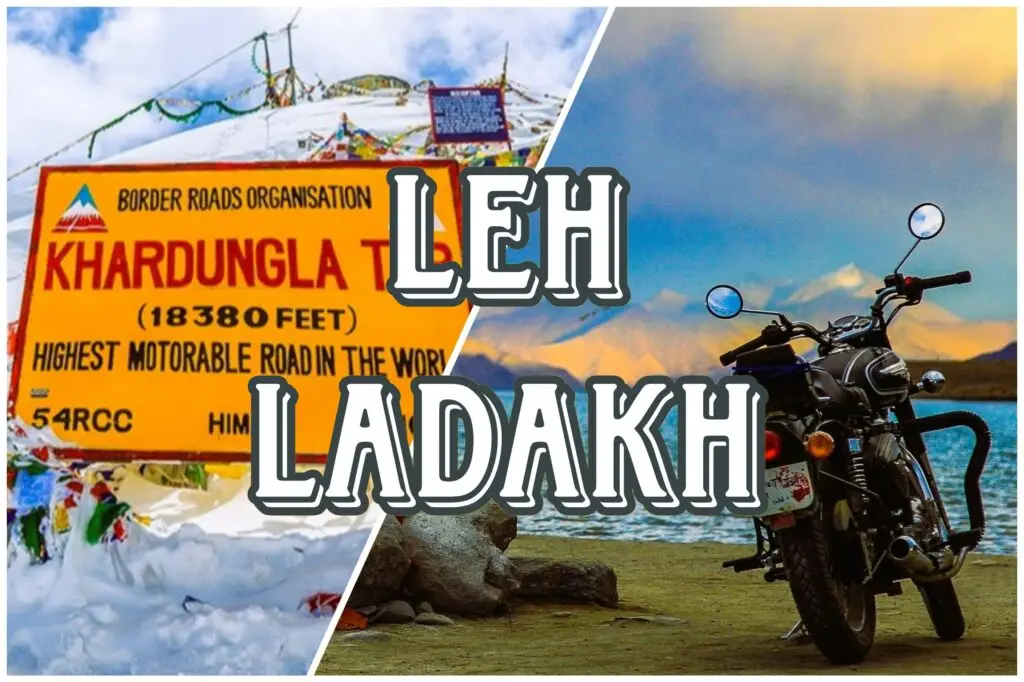 Royal Enfield on Leh's rugged road with mountains and prayer flags