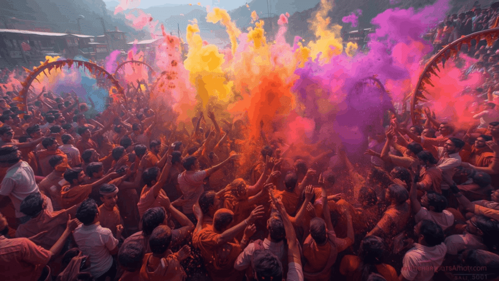 Villagers celebrating Holi in Sangla Valley, Himachal Pradesh during the Faguli Festival with traditional music and colors