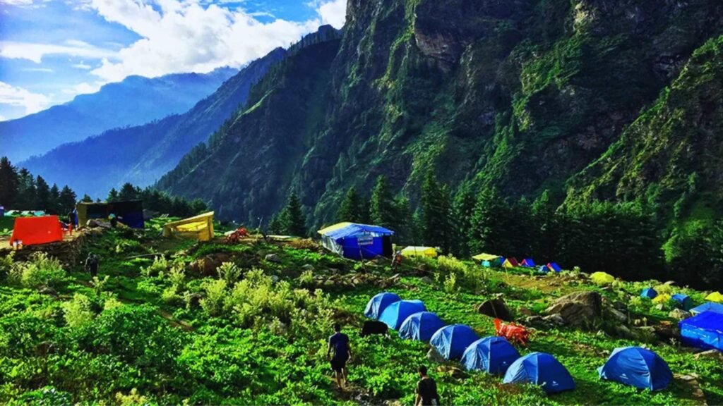 Tents overlooking the mountains on the Kheerganga Trek Kasol