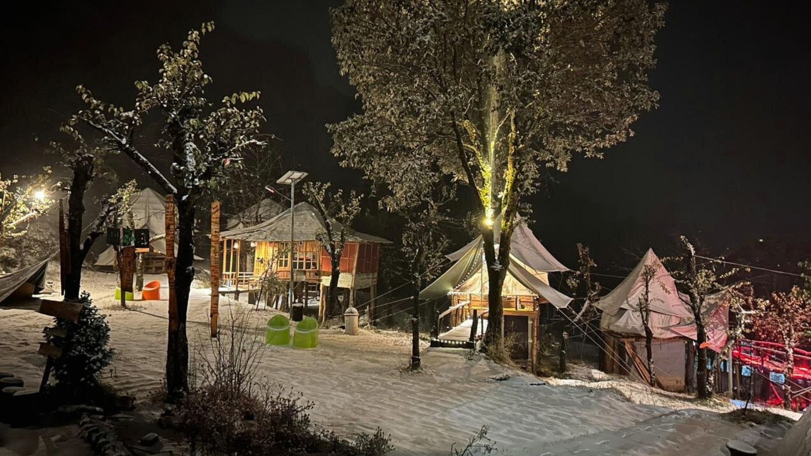 Beautiful view of Bir Billing at night covered in snow during winters