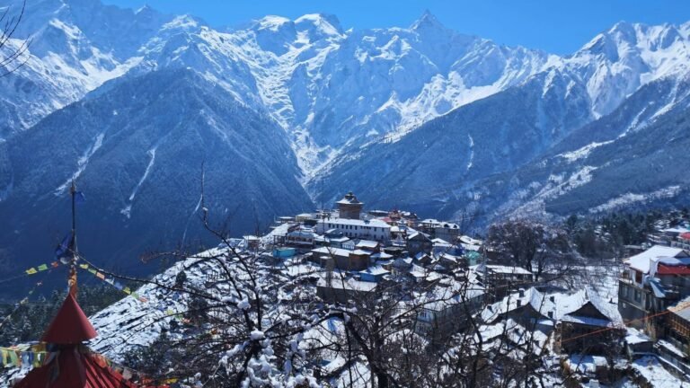 Kalpa Village in Kinnaur Valley covered in Snow in Winters