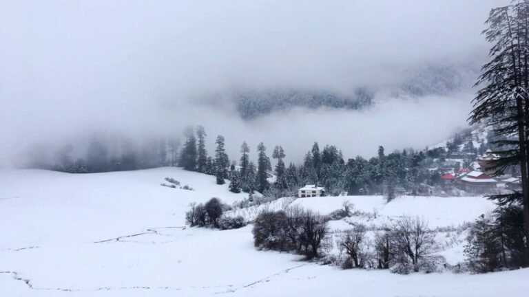 Snow-covered Shangarh Meadow during winter in Sainj Valley near Jibhi and Tirthan Valley
