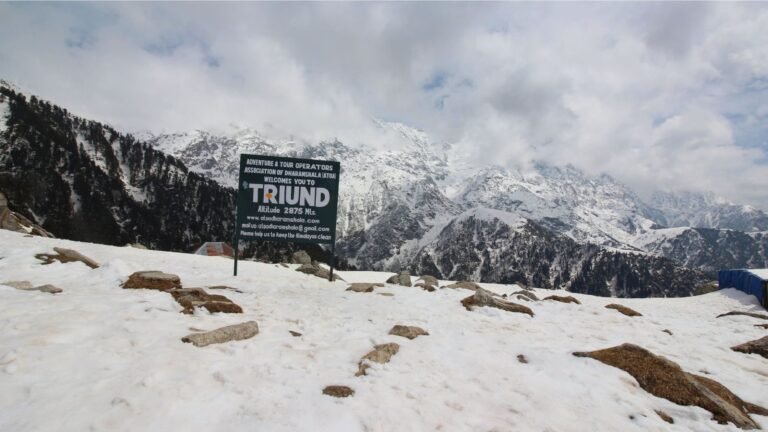 Triund Trek in snow in Dharamshala showcasing breathtaking Dhauladhar mountain views and beautiful Himalayan winter landscapes