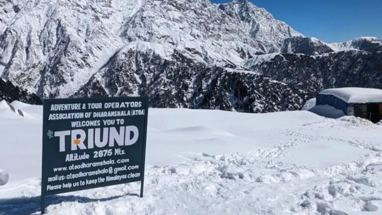 Triund Trek in winter featuring pristine white snow and Himalayan scenery of Dharamshala